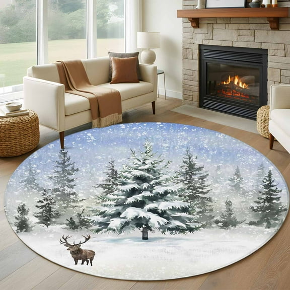 White Green Christmas Round Rug 5ft Washable Circle Kitchen Rugs Non Slip Snowflake Xmas Tree Deer Winter Large Area Rug Indoor Floor Carpet for Bedroom Living Room Home Office Dining Room Nursery