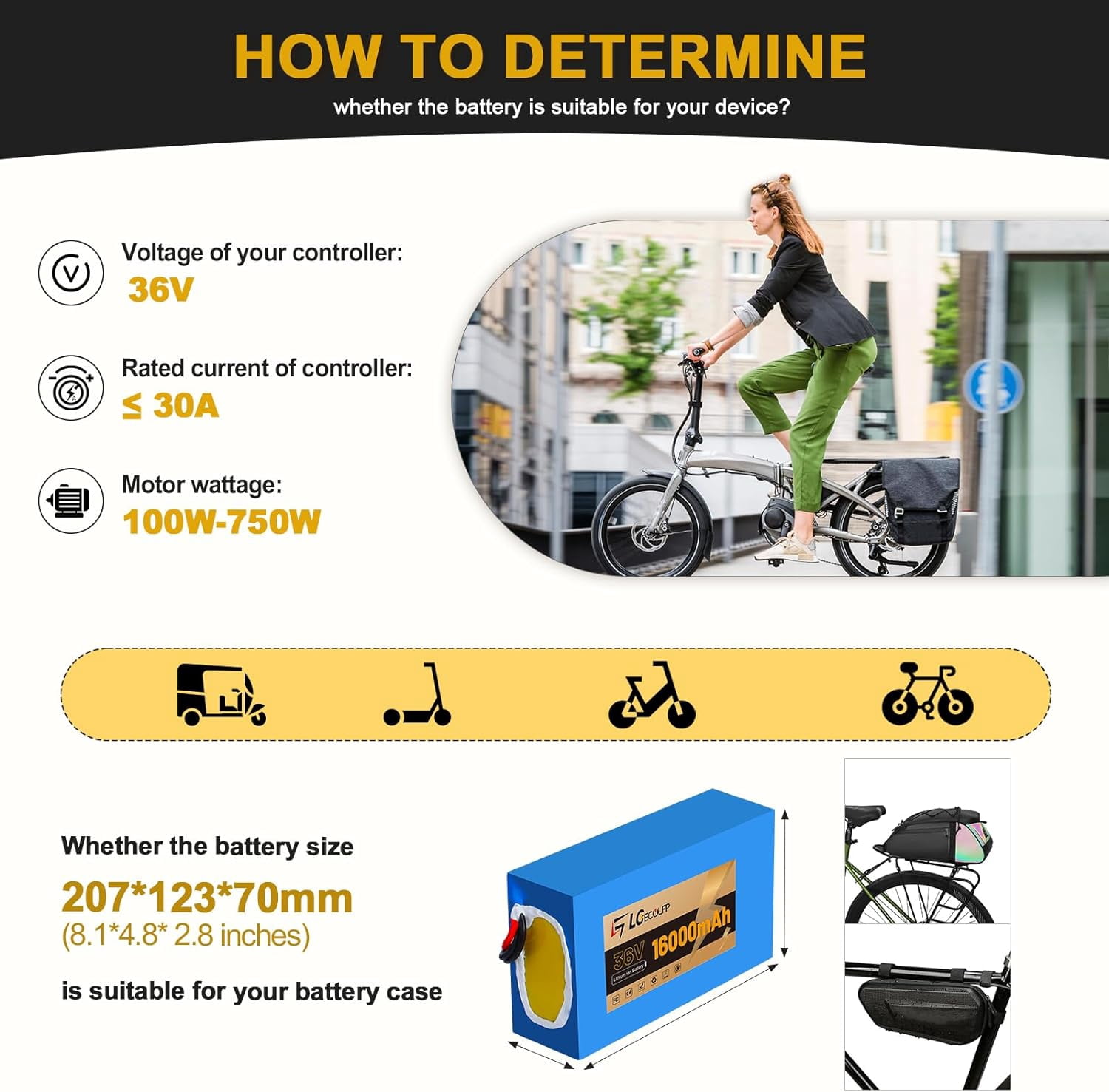Ebike Battery 36V 16AH Lithium Battery Pack with 30A BMS for Electric Scooter Bicycles Motorcycle