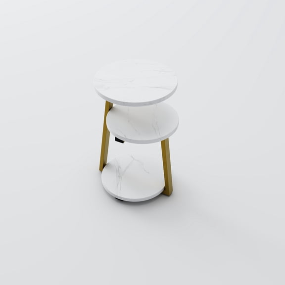 XIZE Small Round Side Table with 3-Tier Storage, White Gold Finish, and Sturdy Metal Frame