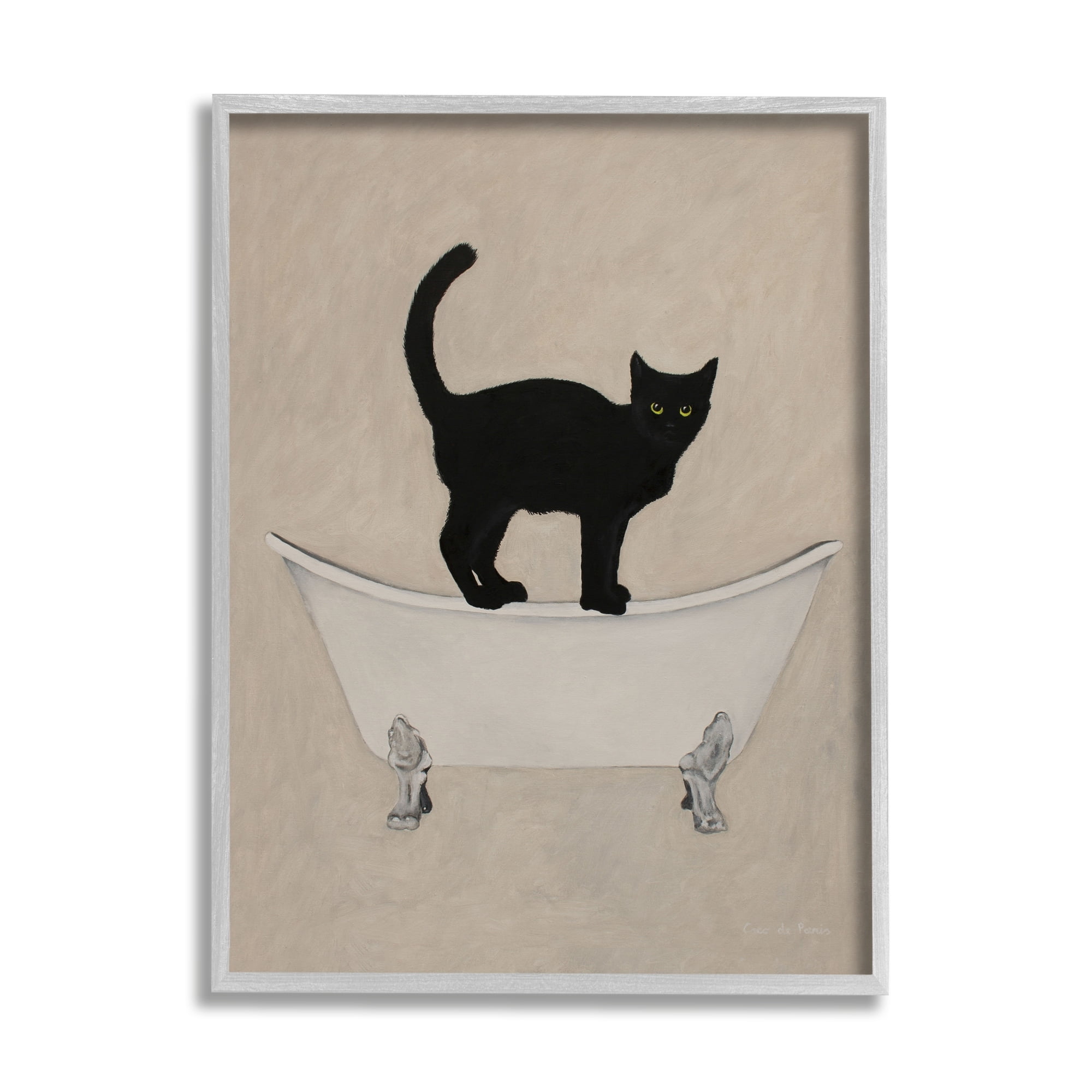 Black Cat Simple Claw Foot Bathtub Bathroom Painting Gray Framed Giclee Art, 24 x 30