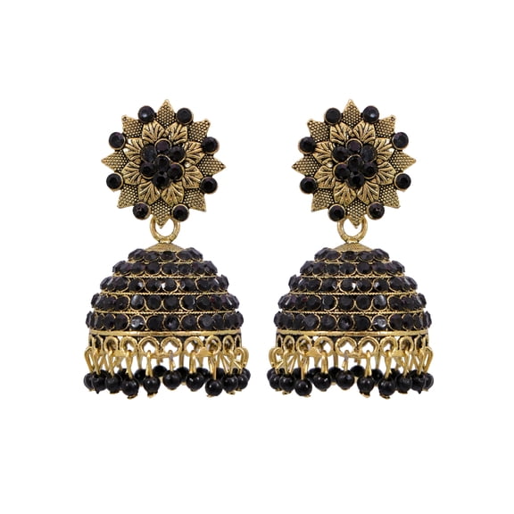 Crunchy Fashion Bollywood Jewellery Traditional Ethnic Bridal Bride Wedding Bridesmaid Gold-Plated Black Stone Floral Jhumka Earrings