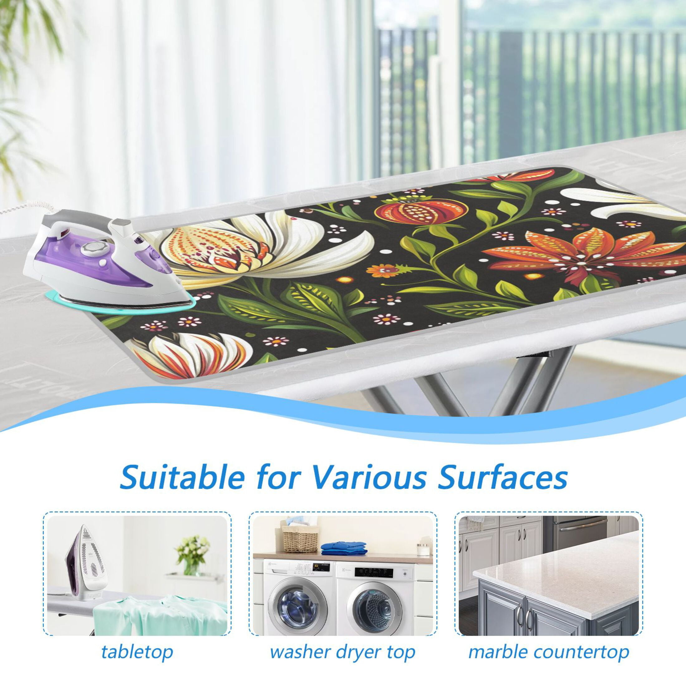 White and Red Flowers on Dark Ironing Mat Blanket for Table Top Travel Portable Ironing Board Pad 47.2x27.6 Inch