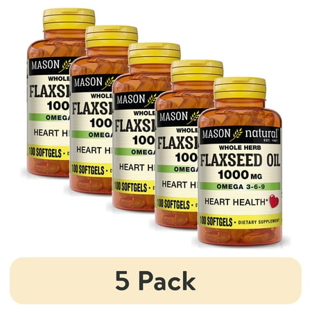(5 pack) Mason Natural Flax Seed Oil 100 Softgels - Omega 3-6-9, Healthy Heart and Immune System
