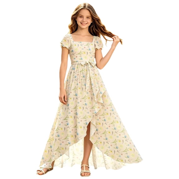 WOYY Girls Elegant Square Neck Floral Dress Party Ruffle Swing Maxi Dresses, Sizes 5-14
