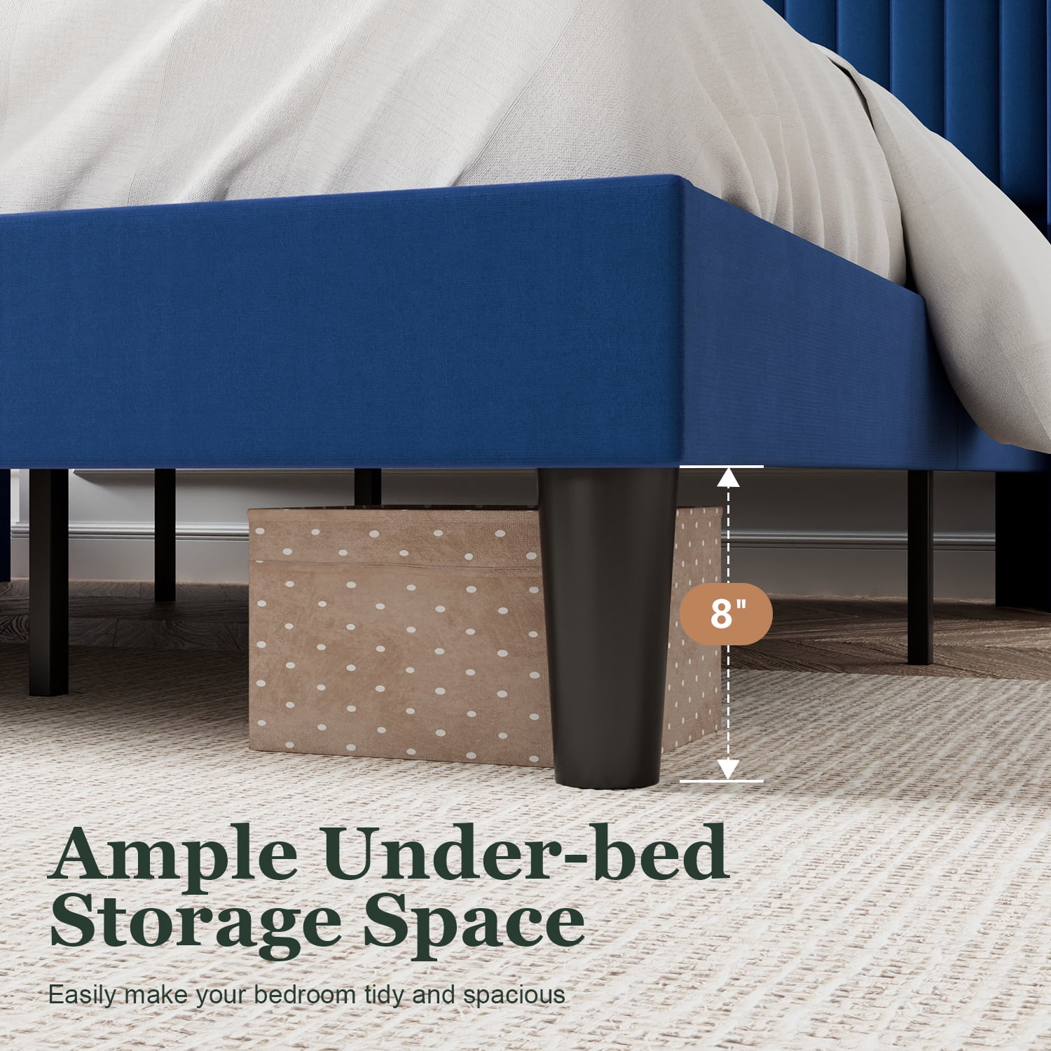 Amolife Uptown Full Size Wingback Headboard Velvet Wingback Bed with Slats, Dark Blue  (图5)
