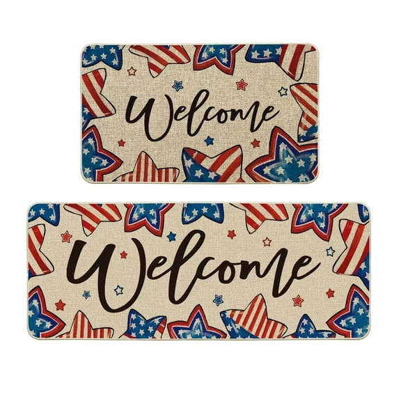 Qocolhg 4th of July Patriotic Kitchen Rugs Set of 2, American Themed Stars Kitchen Mats Decor, Summer Floor Door Mat Home Independence Memorial Day Decorations - 16x24 and 16x47 inch, Clearance