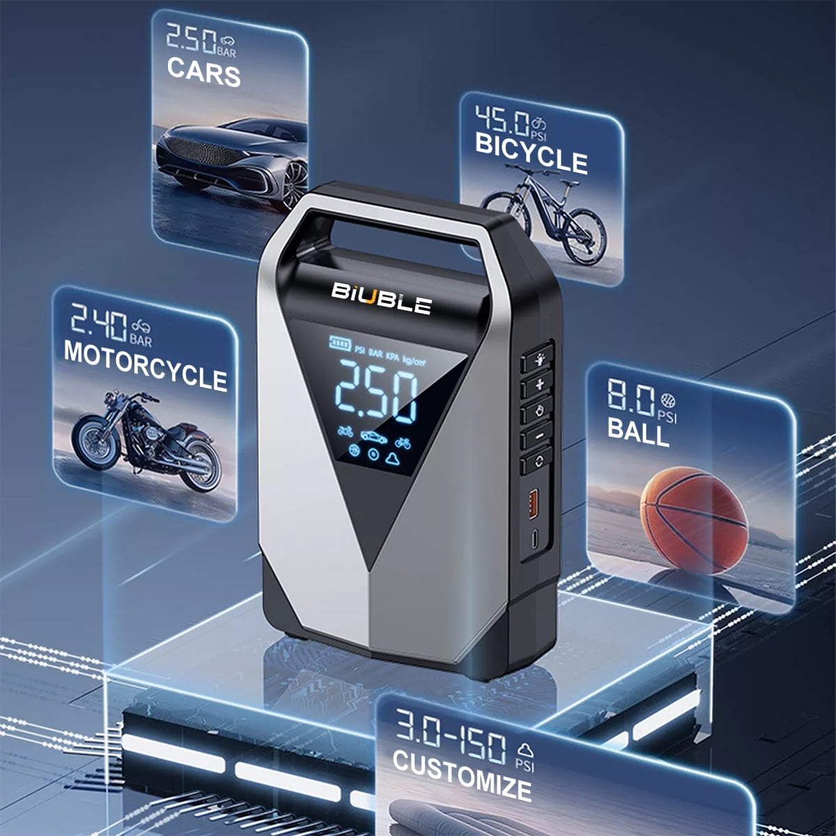 BIUBLE Portable Car Starter with Air Compressor, 8000A Car Battery Charger Power Jump Starter (12.0L Gasoline/10.0L Diesel), 150PSI Tire Inflator, 3 Modes LED Emergency Light