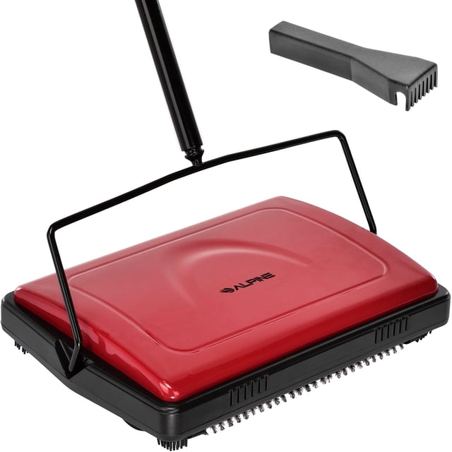 Alpine - Barredora manual de alfombras triple cepillo – Limpiador de suelos multisuperficie no eléctrico fácil de barrer para suelos alfombrados (rojo -actualizado)