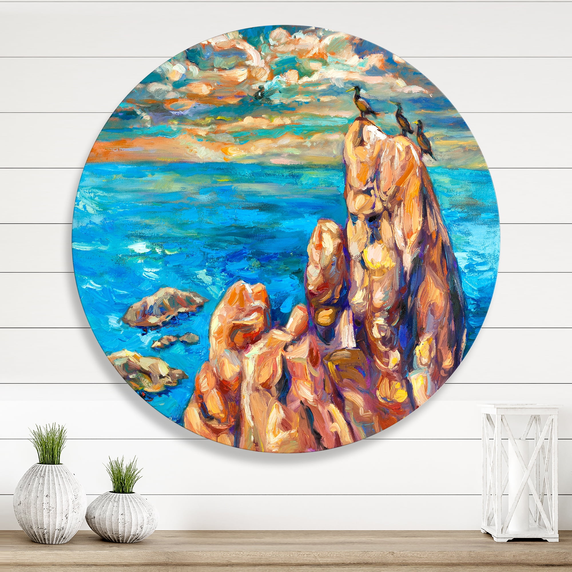 Designart 'The Blue Ocean By Rocky Cliffs I' Nautical & Coastal Circle Metal Wall Art 23x23 - Disc of 23