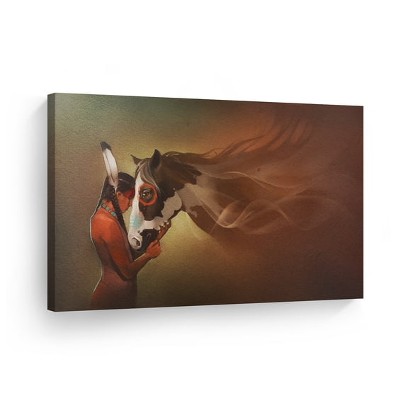 Smile Art Design Indian Wall Art Native American Girl and Horse Love Canvas Print Home Decor Decorative Artwork Living Room Bedroom Office Wall Decor Ready to Hang Made in USA - 8x12