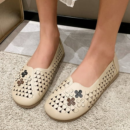 

ZTTD Ladies Summer Flowers Solid Colour Shallow Mouth Hollow Breathable Flat Bottom Comfortable Large Size Single Shoes Casual Shoes