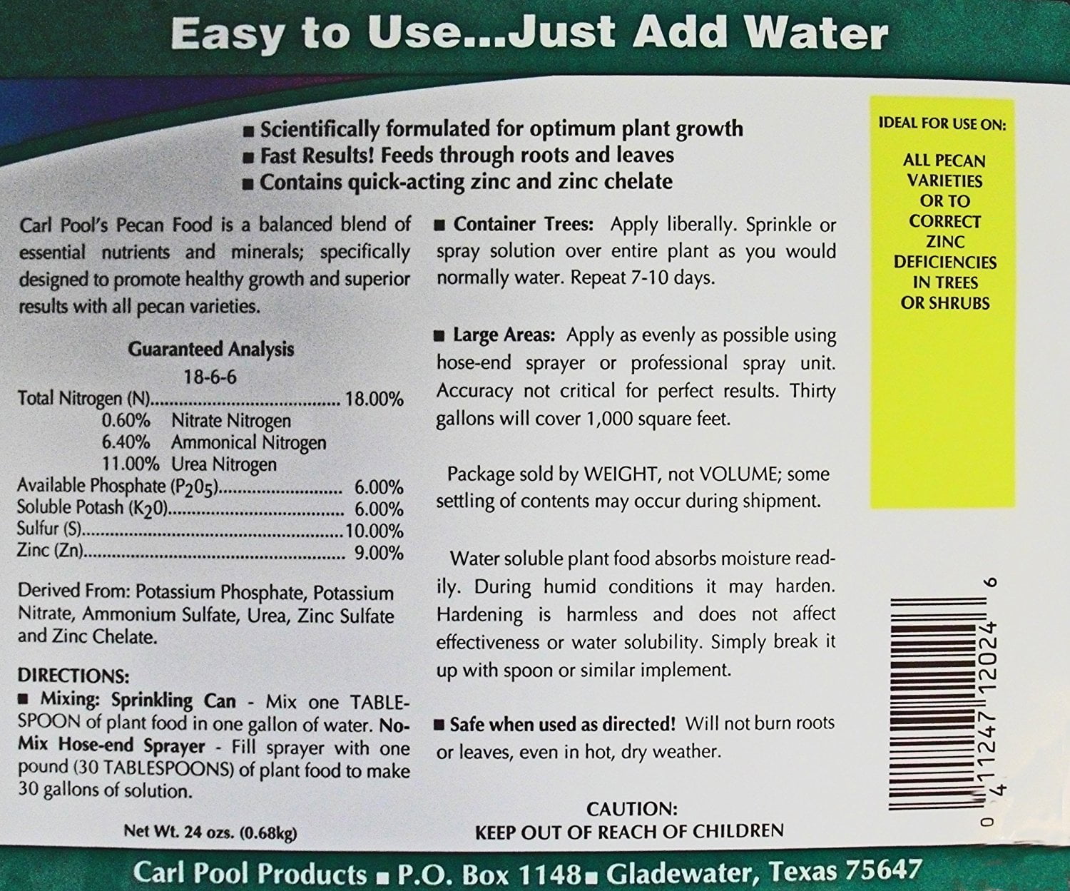 Pecan Special Water Soluble Plant Food 18-6-6 with Zinc | 24 oz