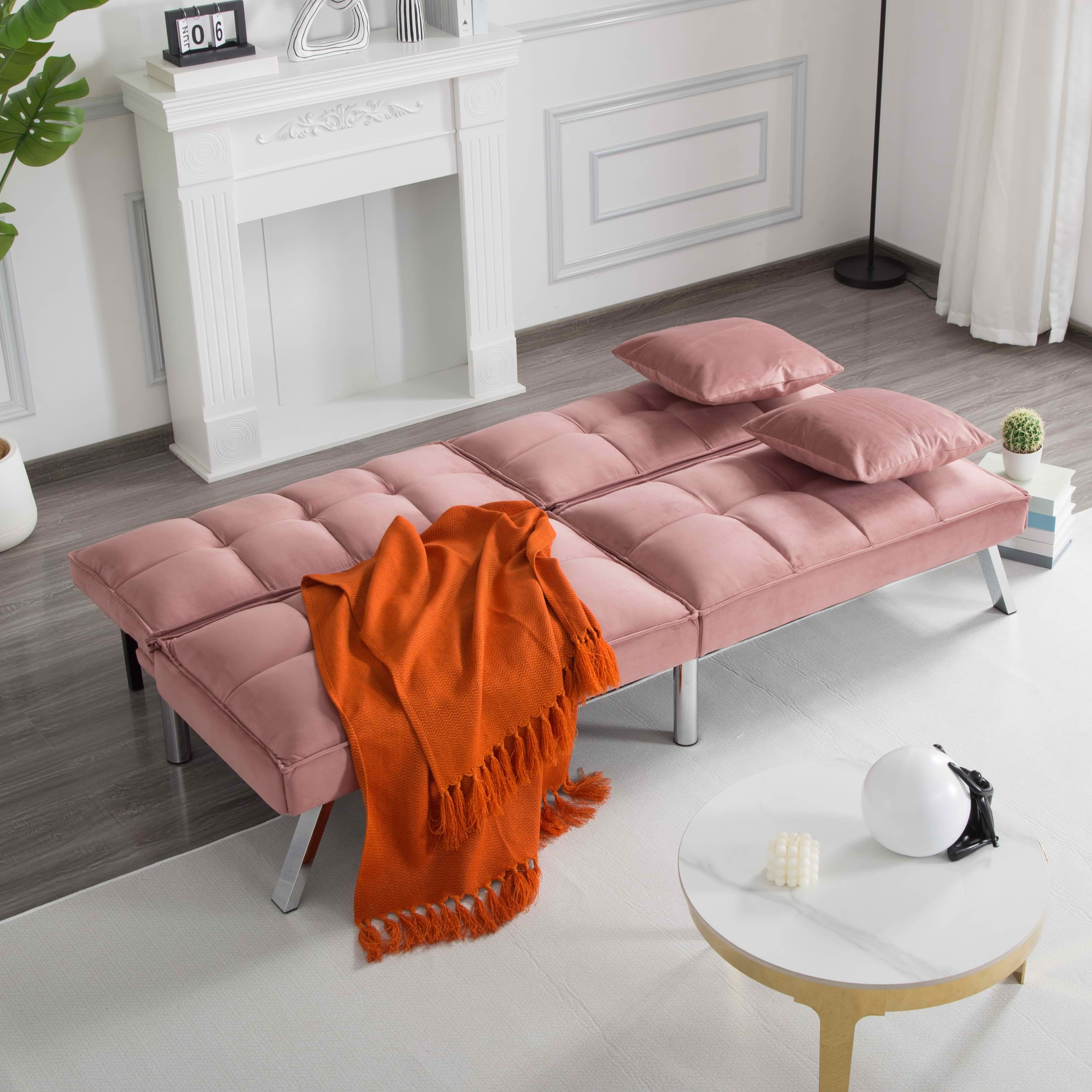 MAYEERTY 67.7" Futon Sofa Bed - 5-Position Adjustable Backrest, Velvet Upholstery, Tufted Design, 2 Pillows