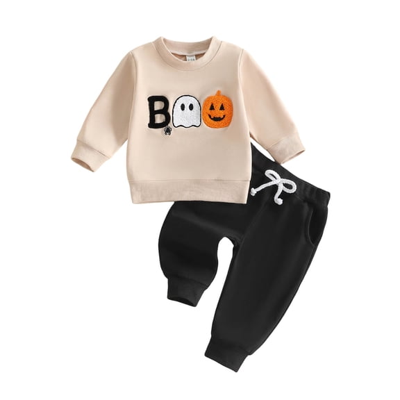 Staki Baby Boy Outfits Fall Toddler Baby Boy Halloween Outfit Long Pumpkin Shirt Pant Clothes Set 0-3T(Khaki,6-12 Months)
