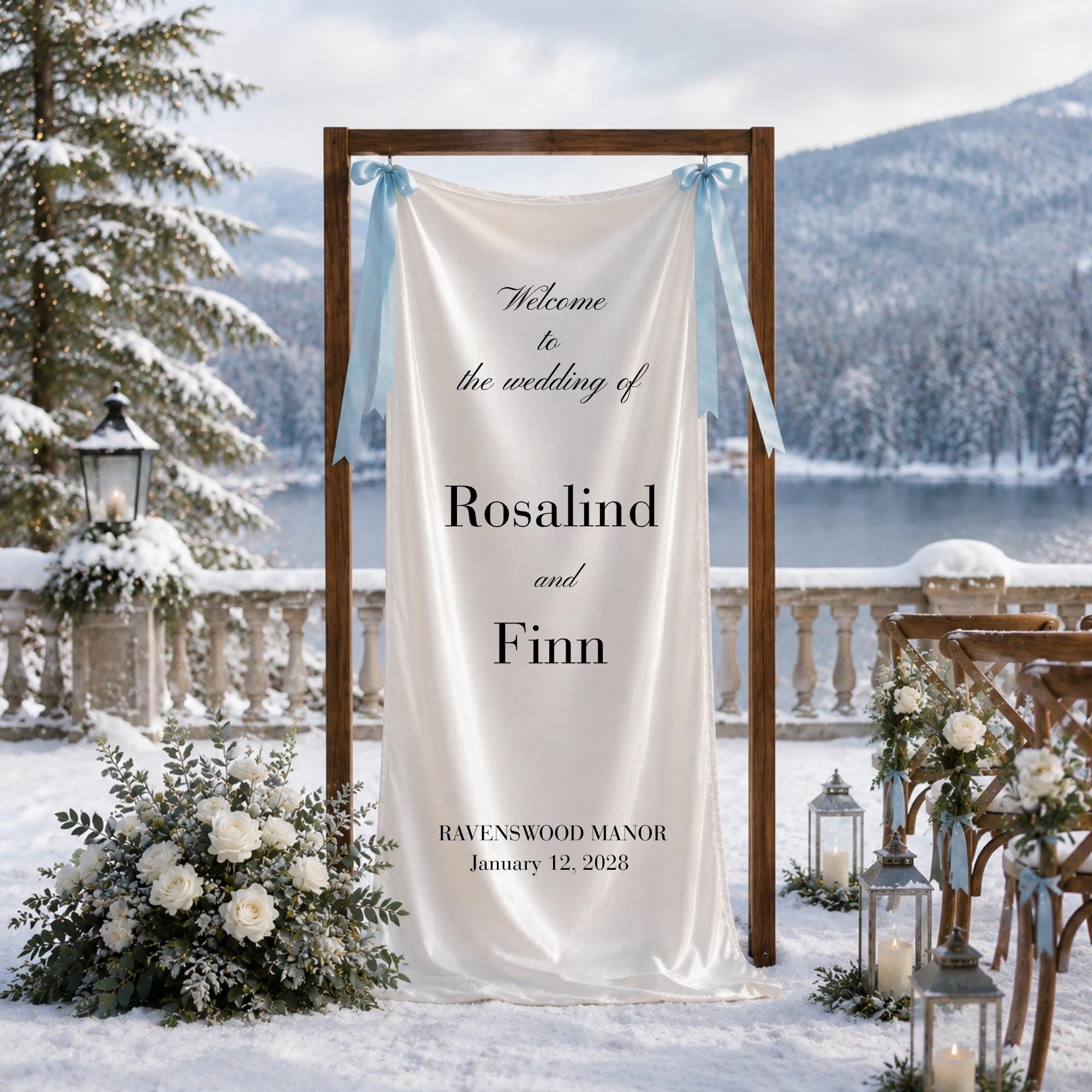 Personalized Satin Wedding Welcome Banner with Ribbons Custom Fabric Sign for Winter Wedding Decor