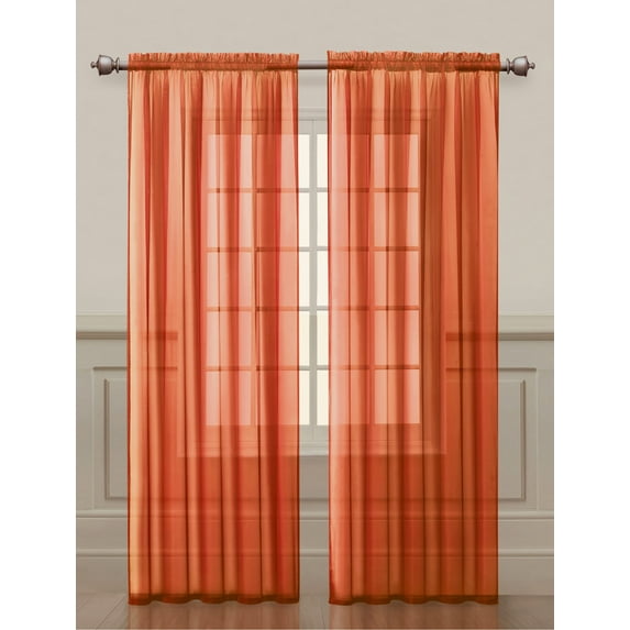 Two (2) Orange Sheer Rod Pocket Window Curtain Panels: 108"W x 84"L, Fully Hemmed
