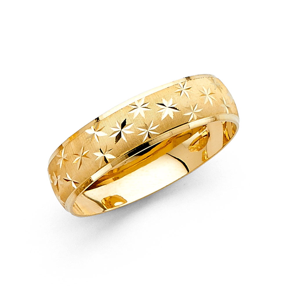 Solid Wedding Band 14k Yellow Gold Diamond Cut Ring Milgrain Style Women 6 mm 