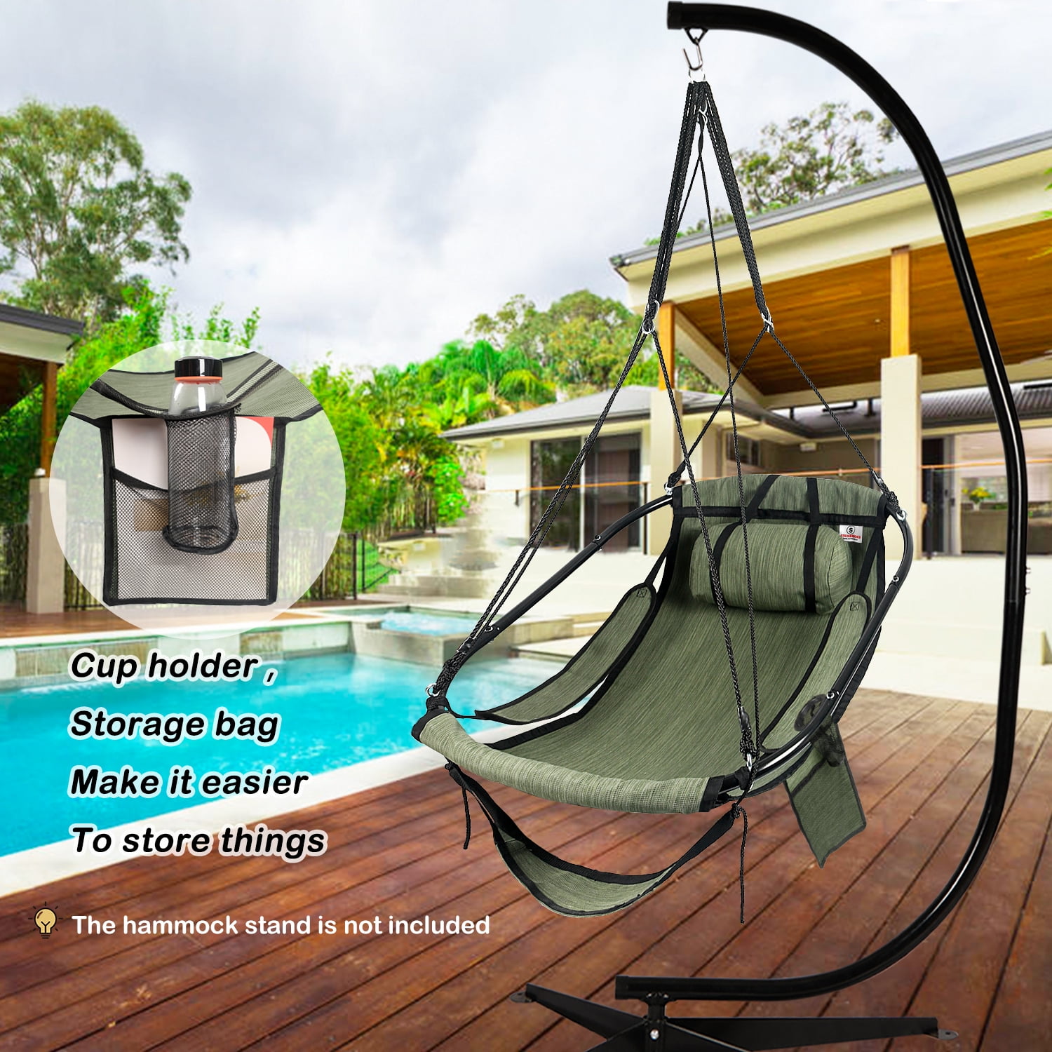 Bathonly Hammock Chair with Footrest, Sky Chair with Metal Bar, Max 330 LBS Capacity, Green. G1-0021GN