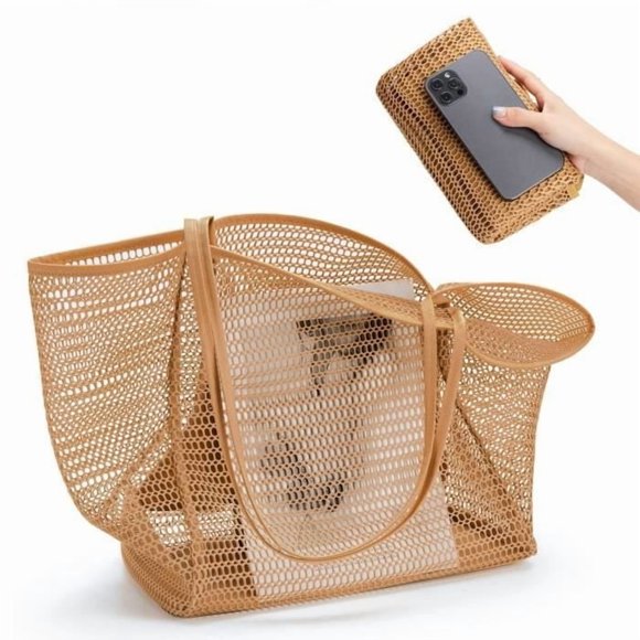 LECOO Sac de Plage en Maille - Kaki - Grand Sac à Bandoulière pour Femmes - 35x18x38cm