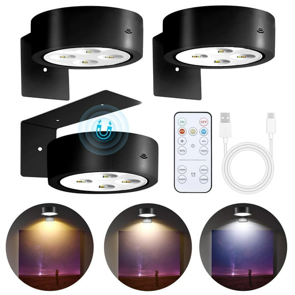 3Pcs Picture Lights for Wall, Rechargeable Battery Operated Led Painting Light with Remote Control Dimmable & Timer, 3 Lighting Modes Magnetic Art Display Light, Wireless Wall Decor Puck Light, Black