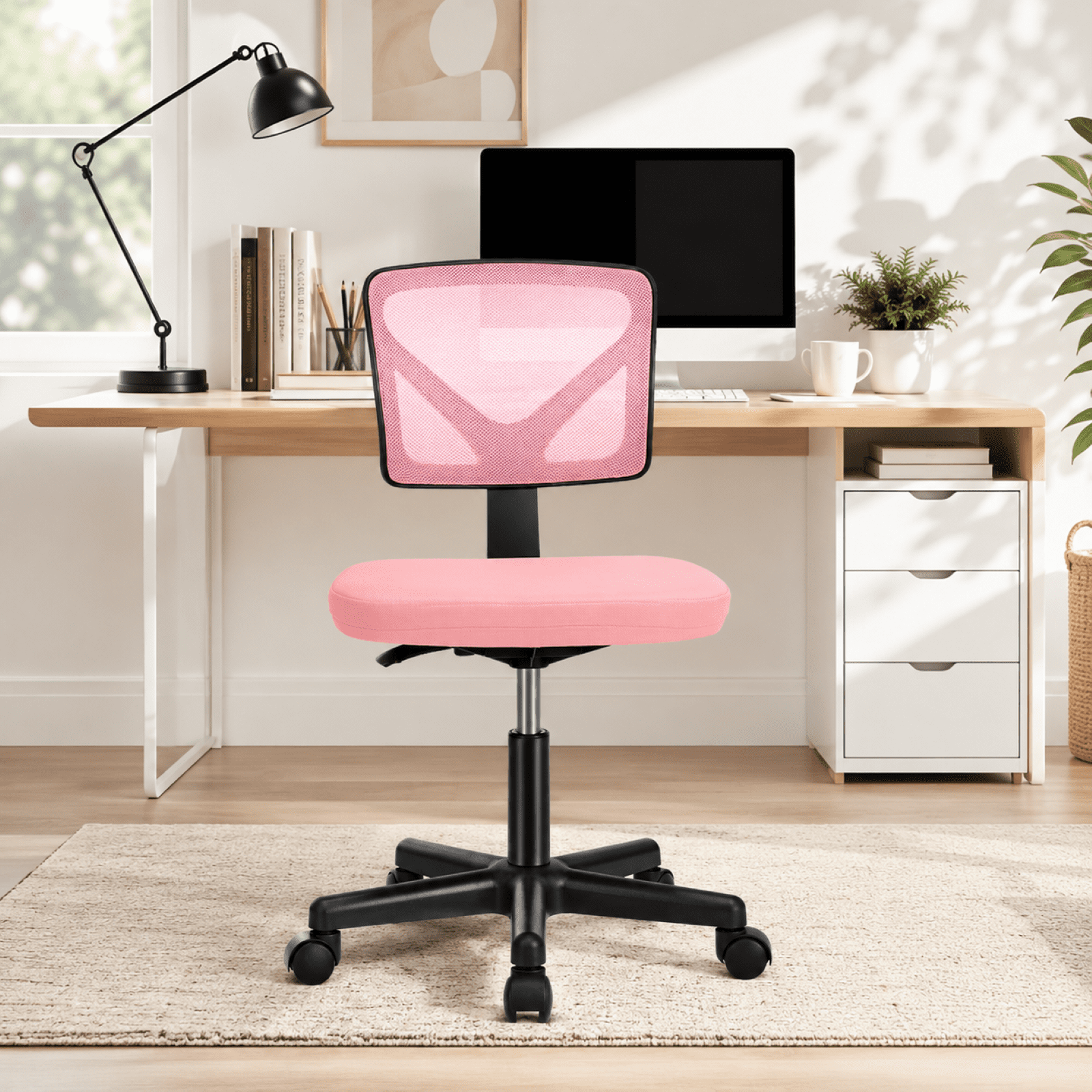 Kelno Small Desk Chair with Wheels Adjustable Computer Desk Chair with Lumbar Support Mesh Ergonomic Low-Back Office Chair, Pink