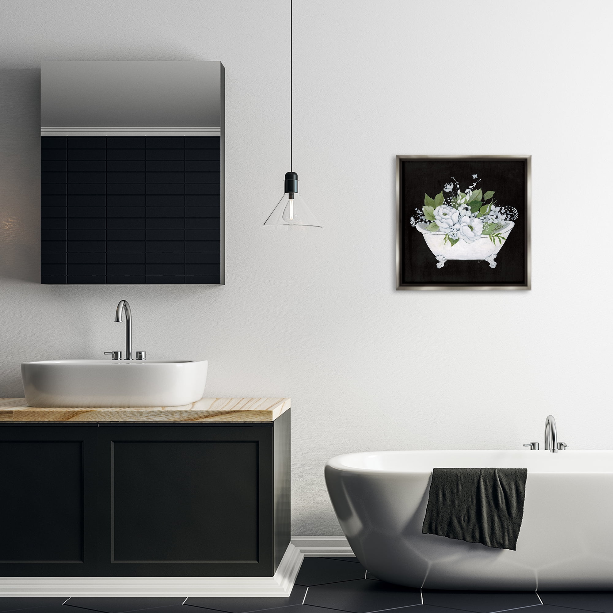 Stupell Industries Charming Floral Bathtub Typography Painting Gray Floater Framed Canvas Art Print Wall Art, 18 x 18