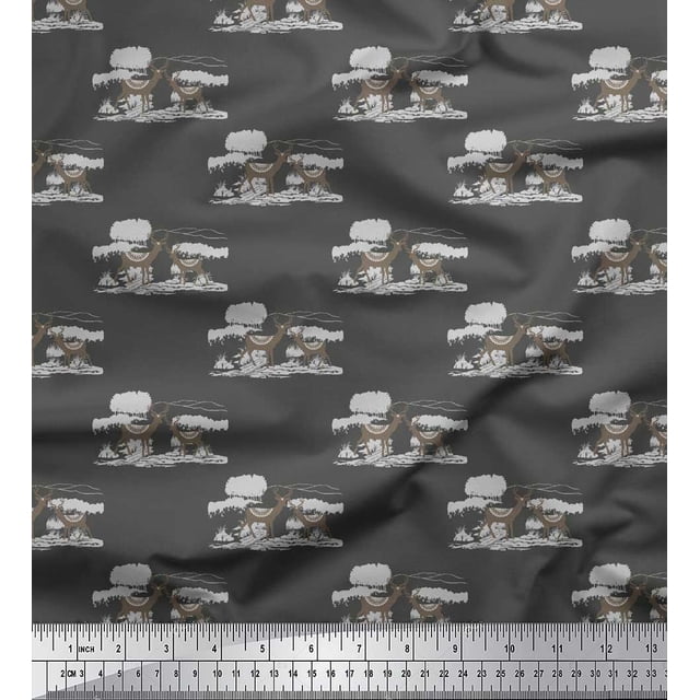 Soimoi Gray Poly Georgette Fabric Landscape & Reindeer Animal Print Fabric by the Yard 52 Inch Wide