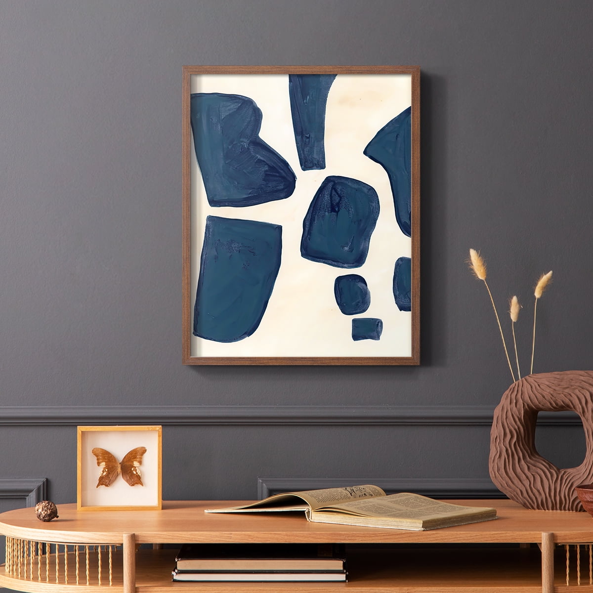 Blue Pieces I Framed Print in Brown Solid Wood Framed Print No Nail Hanging