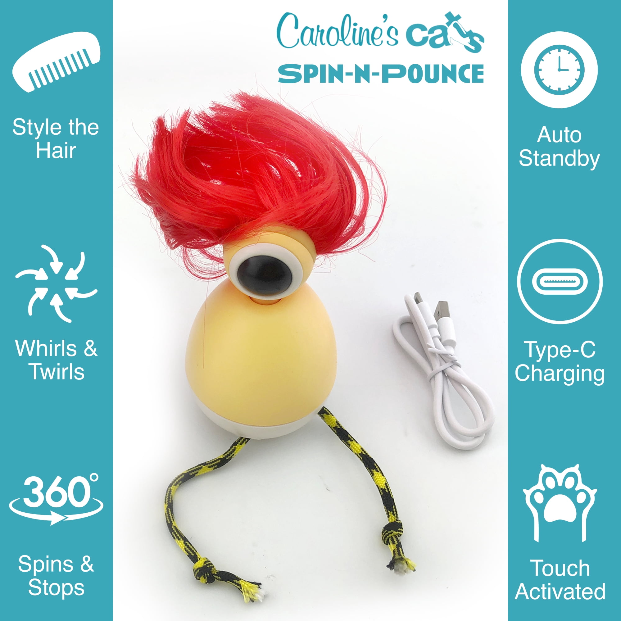 Caroline’s Cats Spin-N-Pounce Rechargeable Automatic Cat Toy, Motion Activated 360° Spinning Toy for Indoor Cats, Self Play Exercise & Enrichment Toy for Bored Cats