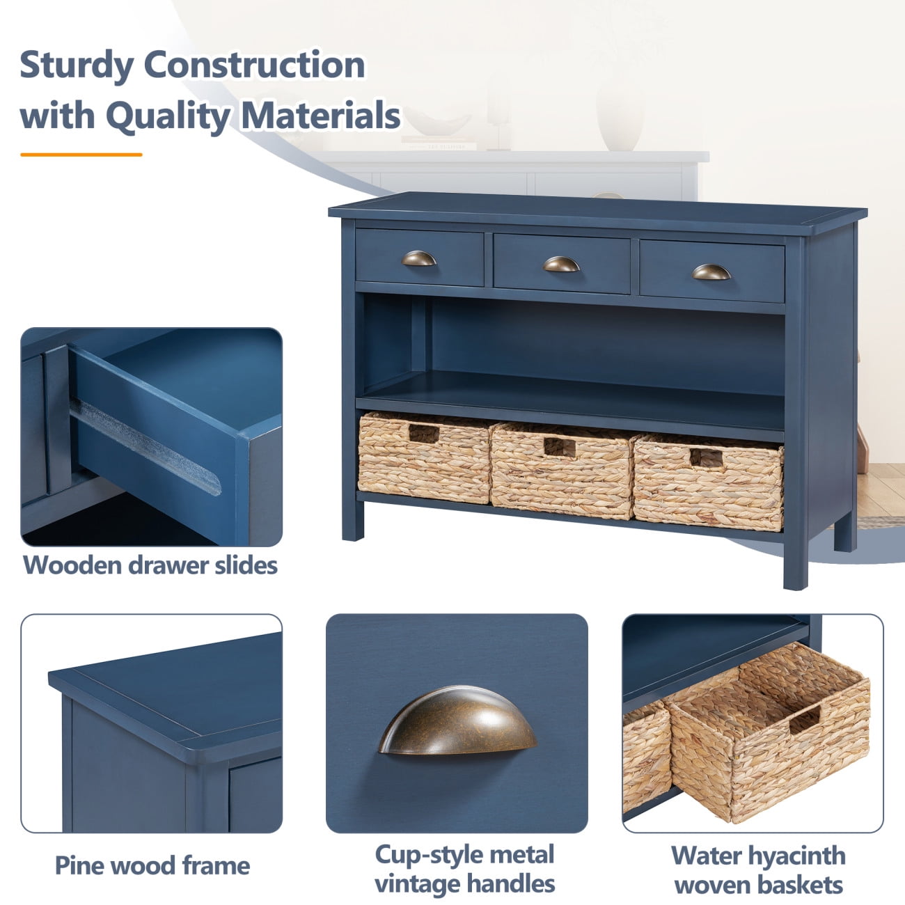 47" Retro Console Table with 3 Storage Drawers, Entryway Table with 3 Water Hyacinth Woven Baskets and Shelf, Wooden Buffet Cabinet for Entryway Hallway Living Room, Navy