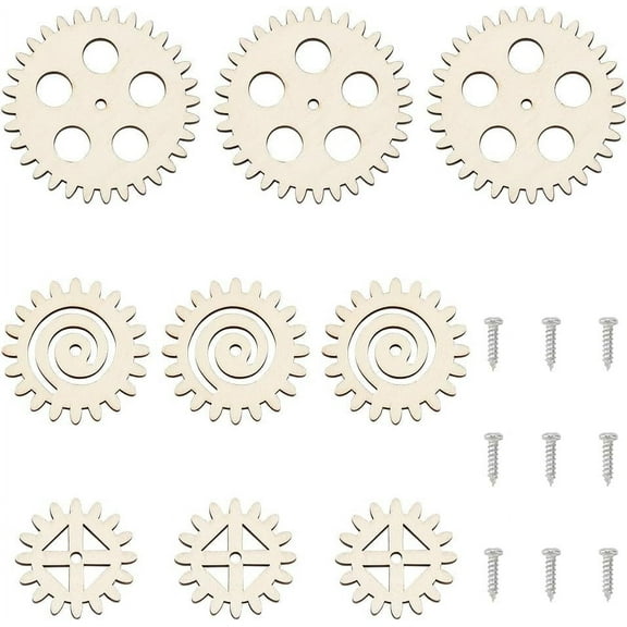 Unfinished Wood Gear Sets with Screws Steampunk Craft Alarm Clock Ornament Antique White Wood Gear: 43~81.5x4.5mm Hole: 4mm 3pcs/set 3 sets/box DIY