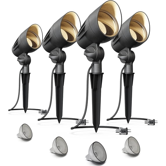 VENUS MANUFACTURING Low Voltage Landscape Lighting 50W Halogen Floodlight 4 Pack 380 Lumen Spotlight 3000K Outdoor Garden Lights with Stake for Garden, Yard, Pathway 5121-96601-04A