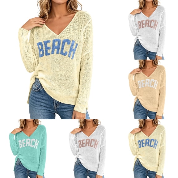 Women's Beach Cover Up Letter Print Long Sleeve Sweater Crew Neck Split Hem Crochet Jumper Top Beach Outfits for Women