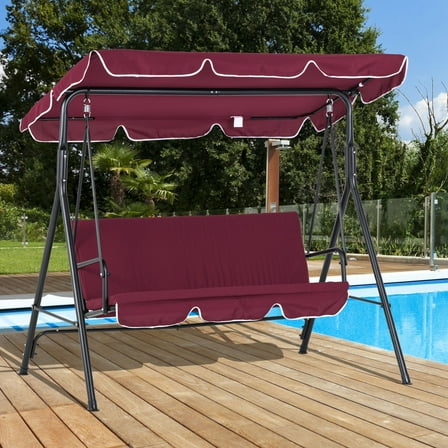 Outsunny 3-Seat Outdoor Patio Swing Chair with Removable Cushion, Steel Frame Stand and Adjustable Tilt Canopy for Patio, Garden, Wine Red