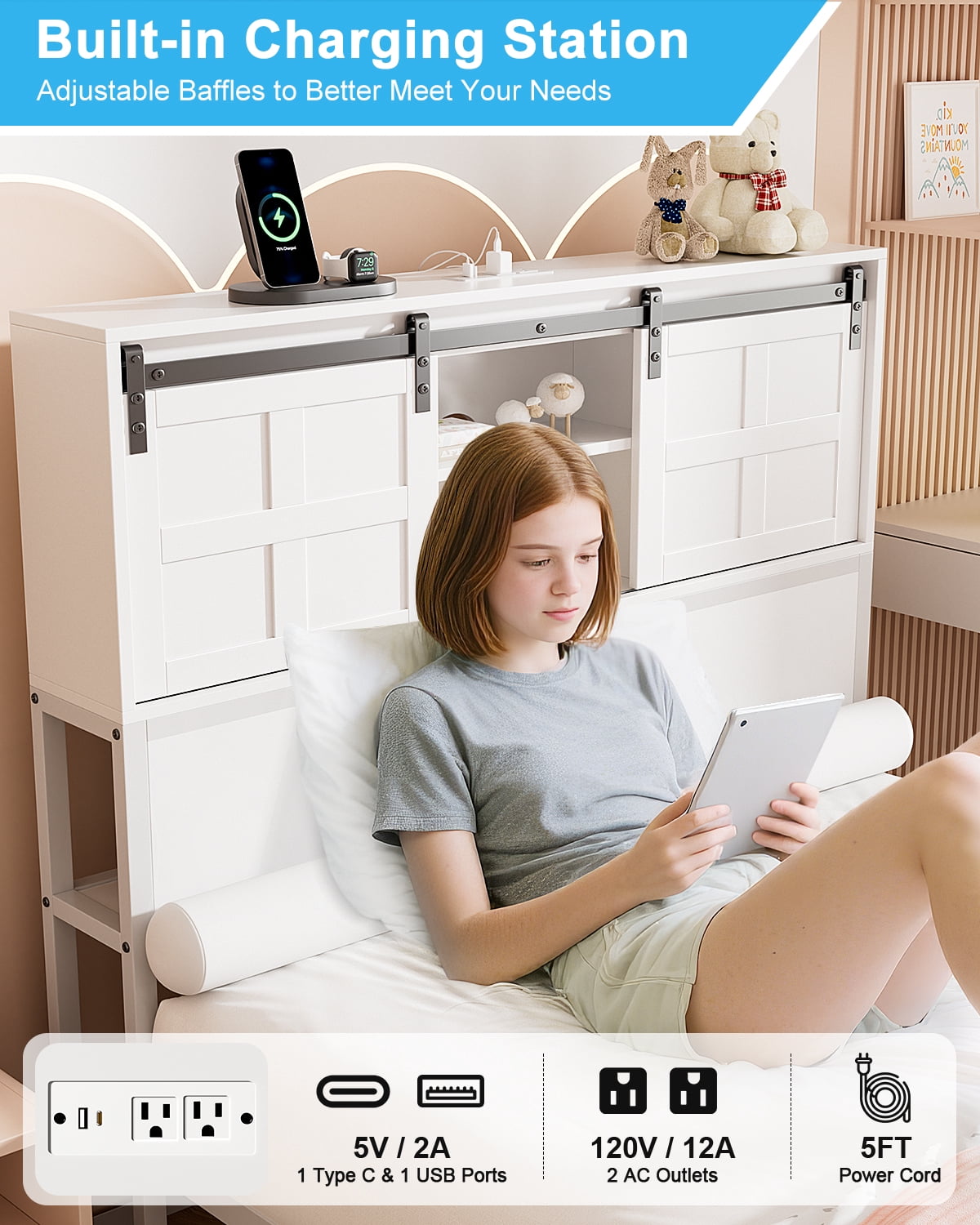 Twin Bed Frame with Storage Headboard & Drawer, 3-in-1 Charging Station, Sturdy Metal Frame, No Box Spring Needed, Noise-Free, Non-Slip Design –(White)