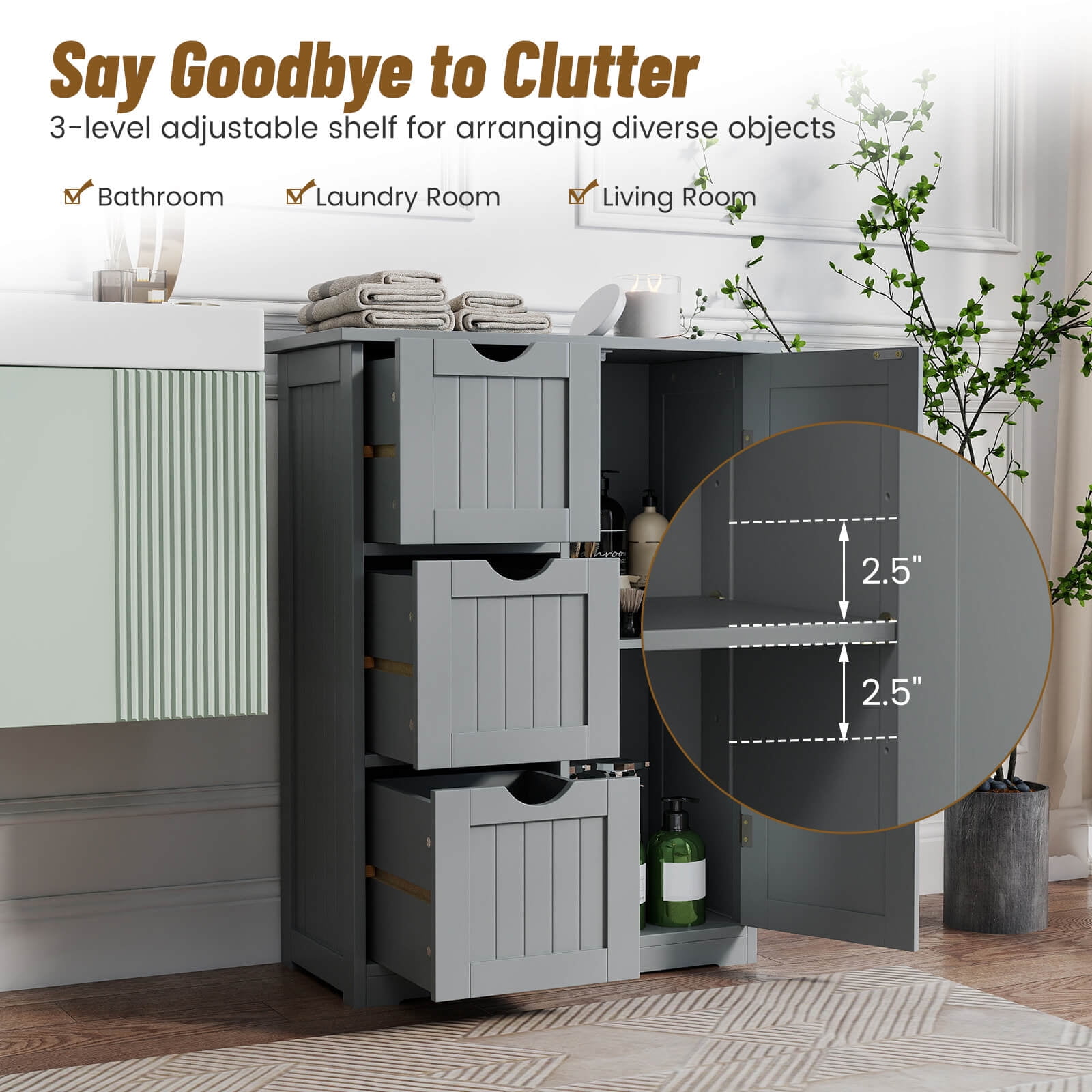Costway Bathroom Floor Cabinet Side Storage Cabinet with 3 Drawers and 1 Cupboard Grey