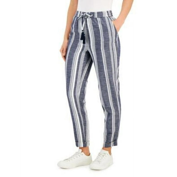 Charter Club Petite Cotton Striped Tapered Soft Pants Intrepid Blue Combo PM