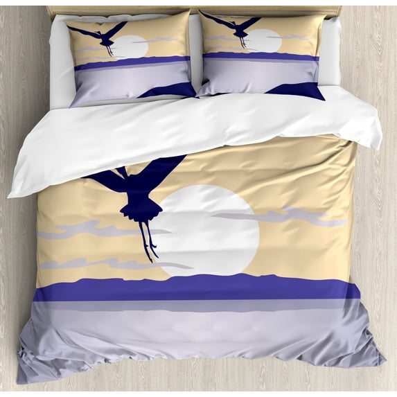 Silhouette Duvet Cover Set Queen Size, Flying Bird on Horizon Sun Icon Seaside Cliffs, Decorative 3 Piece Bedding Set with 2 Pillow Shams, Beige Pale Purpleblue Dark Ceil Blue Quartz, by Ambesonne
