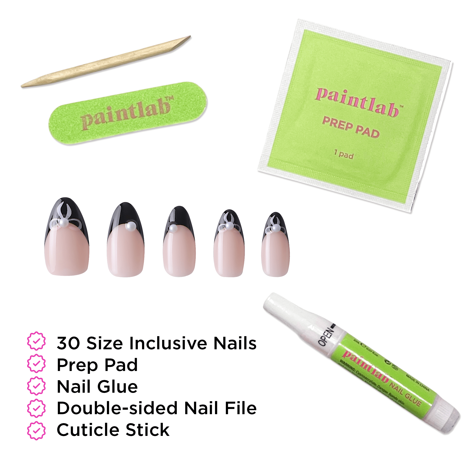 PaintLab Short Almond Press On Nails 3D, Prima Ballerina, Black, 30 Count
