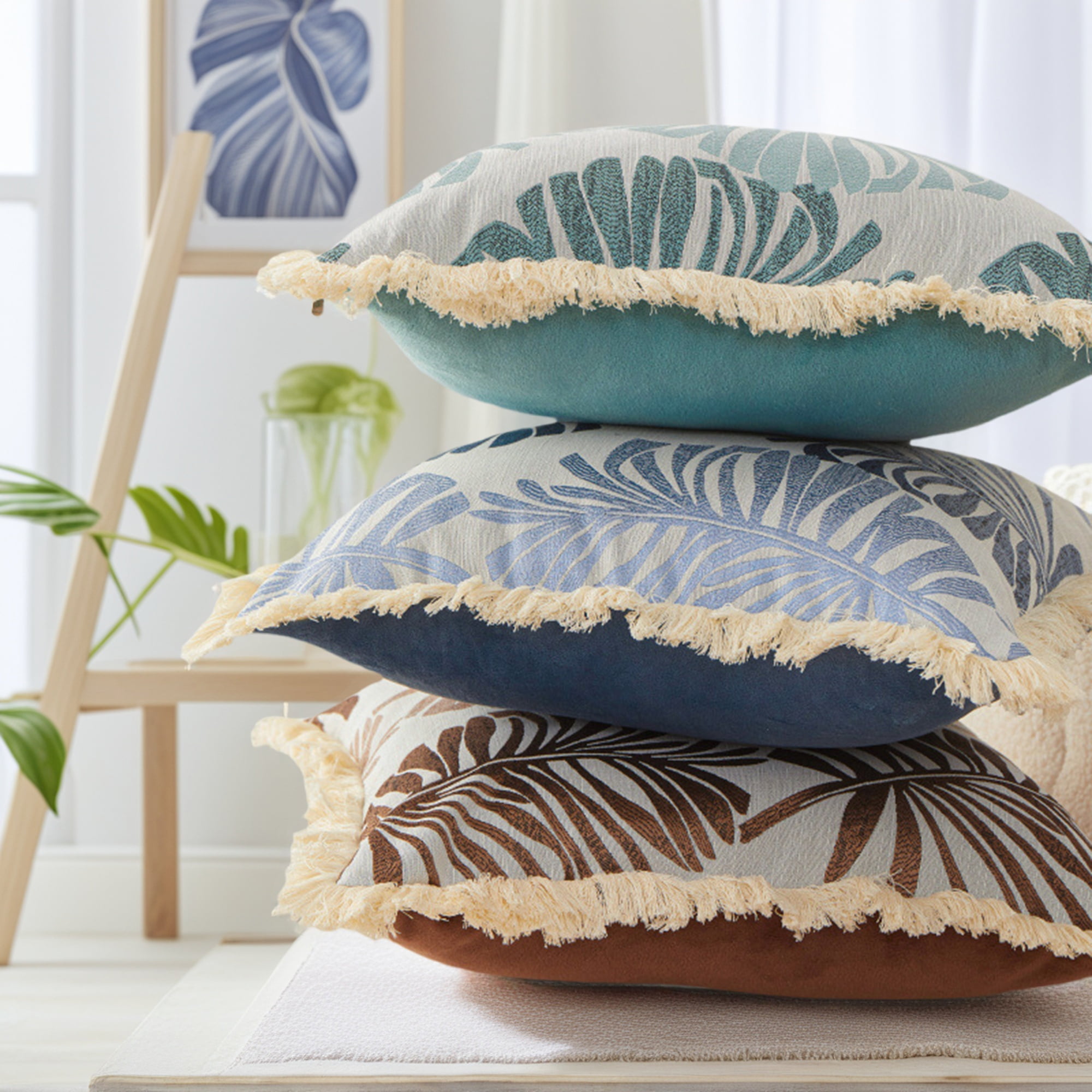 Unique Bargains Set of 2 Boho Palm Leaf Jacquard Throw Pillow with Tassel Edge Green