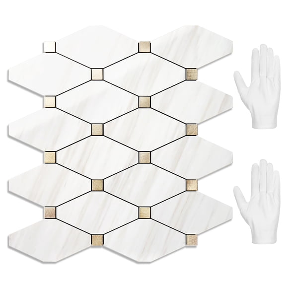 STICKGOO 10 Sheets Peel and Stick Backsplash, Polished Dolomite PVC Mixed Metal Gold Kitchen Backsplash, Stick on Backsplash Wall