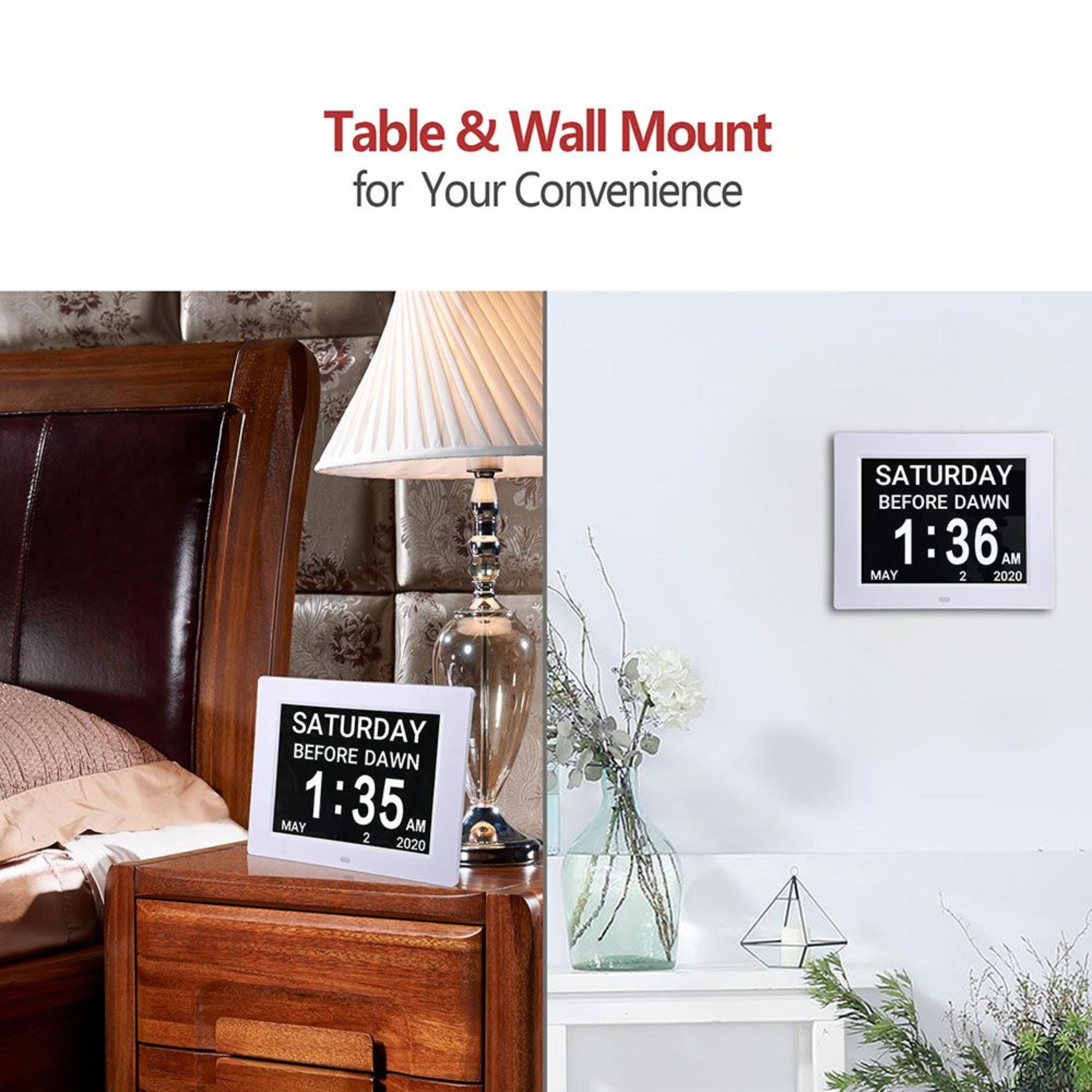 White Hanging Electronic Calendar, 8-inch LCD Digital Clock, Adjustable Brightness, Built-in Stand, Easy Installation, Suitable for Dormitories, Offices and Bedrooms.