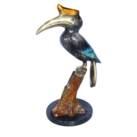Nifao Hornbill Bird on Tree Branch, Colored Bronze Statue – Home Decor Sculpture, 10"L x 10"W x 22"H
