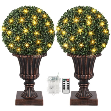 16 Inch Pre-Potted Artificial Boxwood Ball Topiary Set Of 2 - UV Resistant & Waterproof Outdoor Faux Plants With Sturdy Pot For Porch Garden Entryway Home Decor