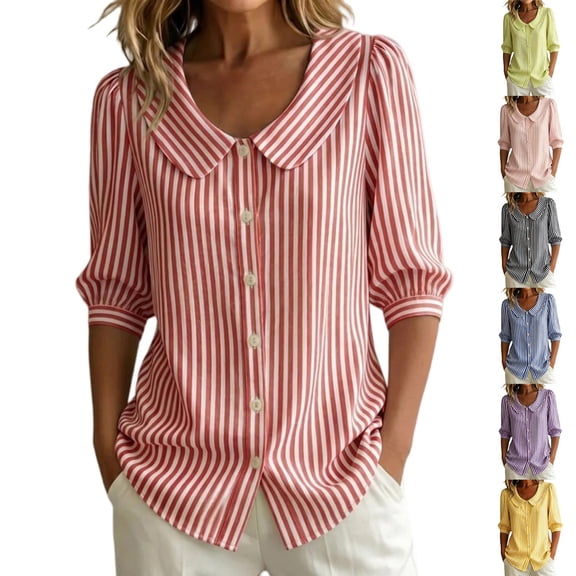 Siminsem Womens Casual Loose Fit Blouse Doll Collar Striped Mid Sleeve Tops Spring Summer 2026 Lightweight Trendy Dressy Work Outfits Cute Vacation Shirts, Red, L