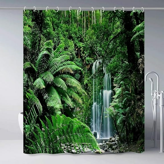 Forest Waterfall Shower Curtain Tropical Rainforest Jungle Scenic Green Trees Spring Nature Scenery Bathroom Decor Set Polyester Fabric With Hooks 36"W x 72"L