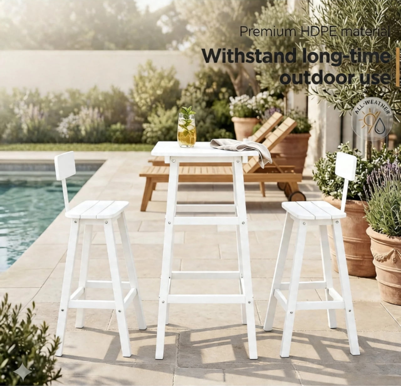 3 Piece Outdoor Bar Set Patio HDPE Dining Set with Square High-Top Table Footrest & Backrest