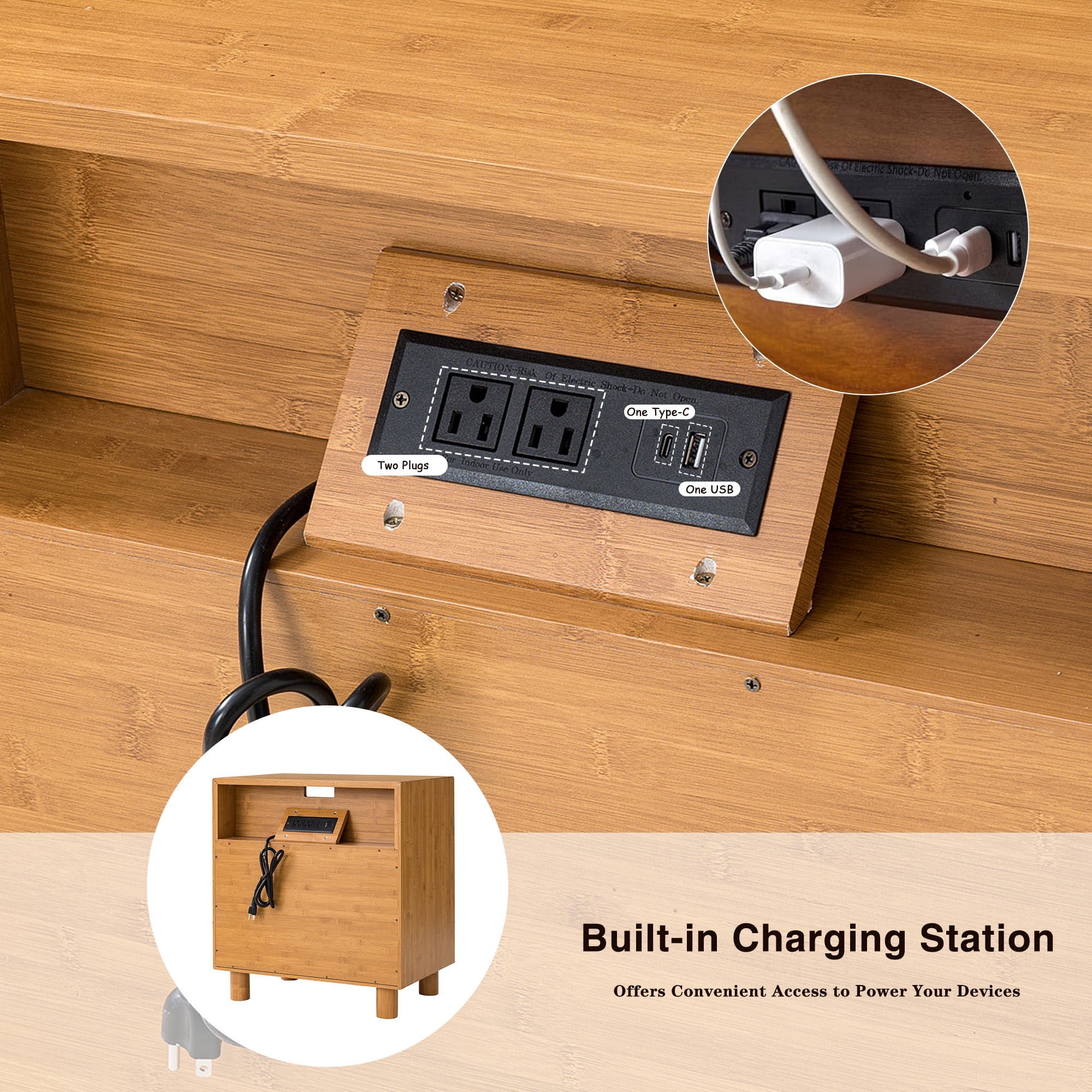 Mintazer Modern Nightstand with Charging Station, Bedside Table with 2 Mirrored Drawer, End Table for Bedroom Living Room, Natural