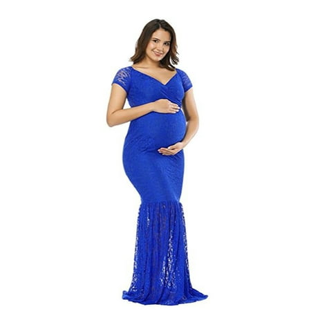 Lace Shoulder Button - Women's Maternity Ruched Off Shoulder V Neck Short Sleeve Lace Mermaid Evening Gown Maxi Photography Dress for Baby Shower