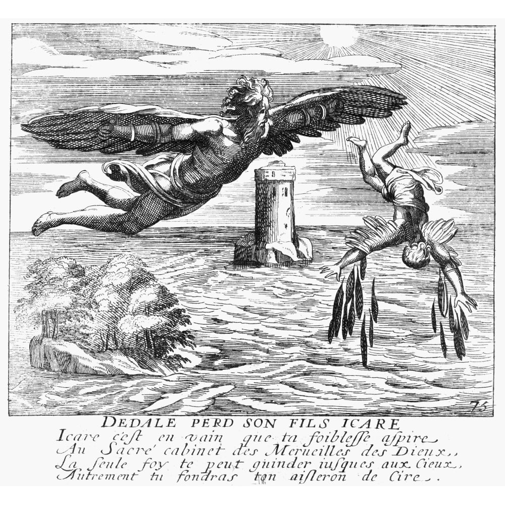 Daedalus And Icarus. Nthe Fall Of Icarus. Line Engraving French 1660